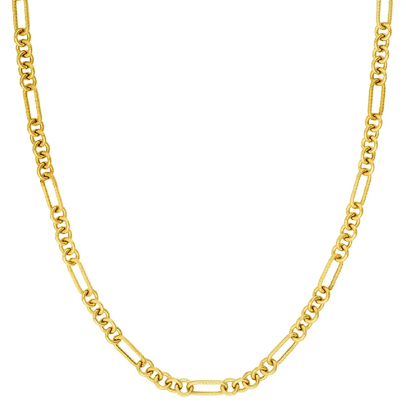 14k Yellow Gold Textured Oval Rolo and Paperclip Chain Necklace with Lobster