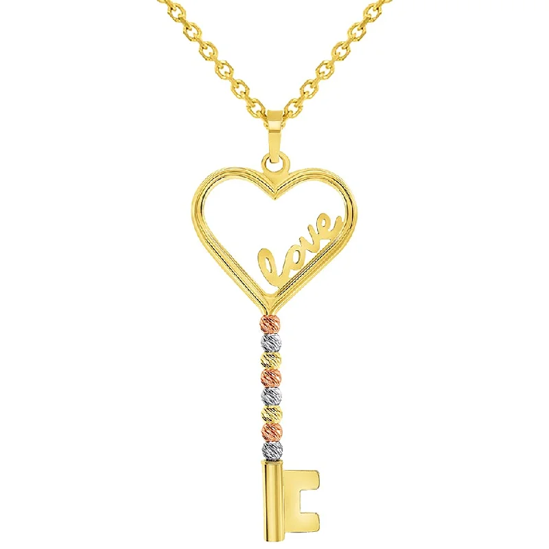 14k Tri-Color Gold Love Written Open Heart Beaded Key Pendant with Cable, Curb or Figaro Chain Necklace