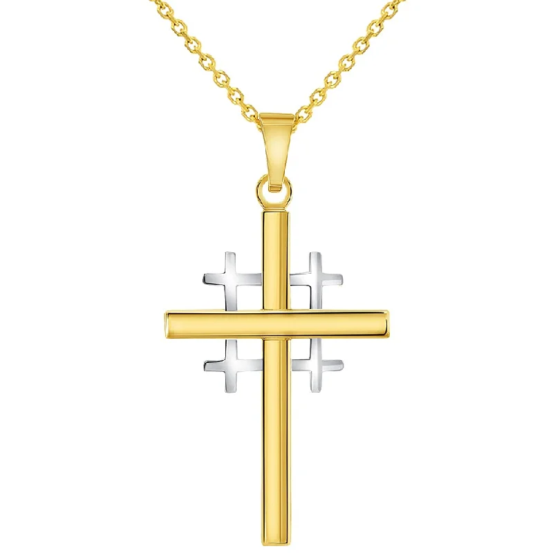 14k Two-Tone Gold Religious Crusaders Jerusalem Latin Plain Cross Pendant With Cable, Curb or Figaro Chain Necklace