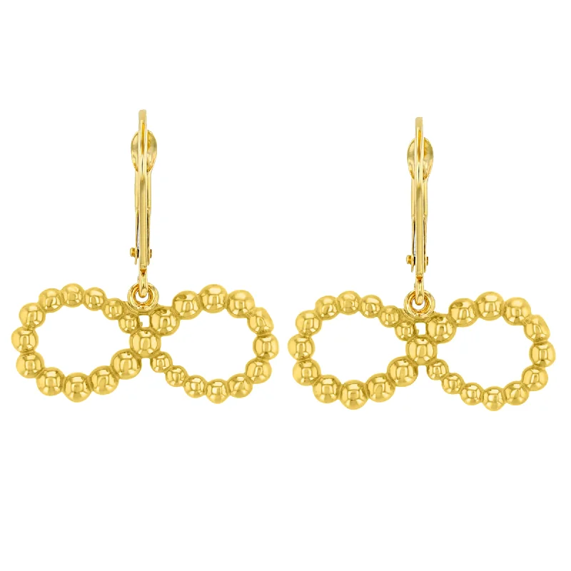 14k Yellow Gold Beaded Infinity Symbol Dangling Earrings with Leverback