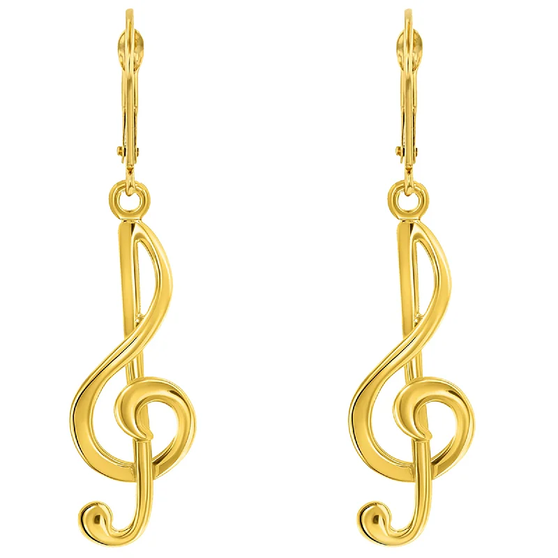 14k Yellow Gold G Clef Musical Symbol Music Note Dangling Earring with Leverback