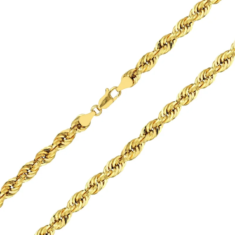 14k Yellow Gold Hollow 7mm Rope Chain Necklace with Lobster Lock - Light Rope Chain with Diamond Cut