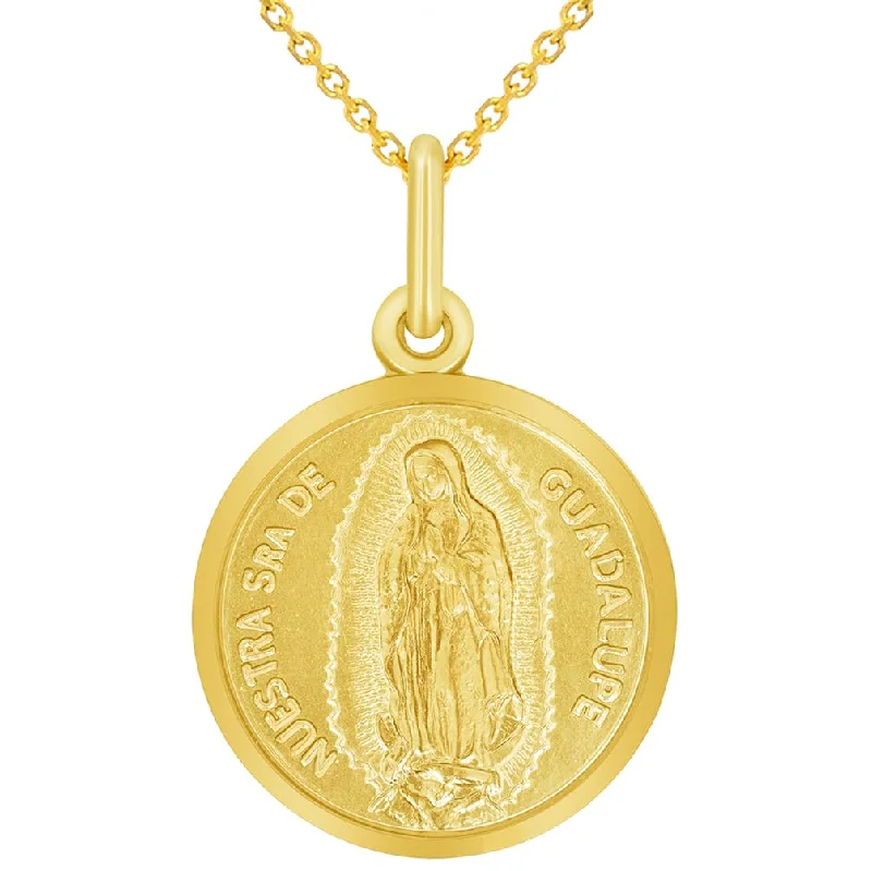 14k Yellow Gold Nuestra Senora De Guadalupe Round Medal Pendant with Cable, Cuban Curb, or Figaro Chain Necklaces