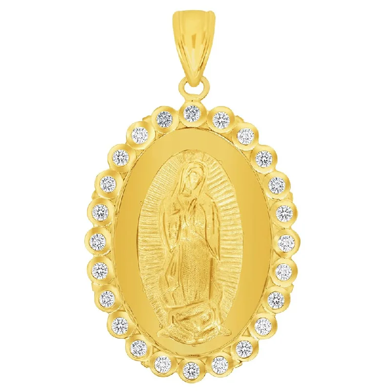 14k Yellow Gold Our Lady Of Guadalupe Elegant Oval Cubic Zirconia Medallion Pendant