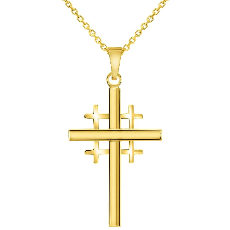 14k Yellow Gold Religious Crusaders Jerusalem Latin Plain Cross Pendant With Cable, Curb or Figaro Chain Necklace