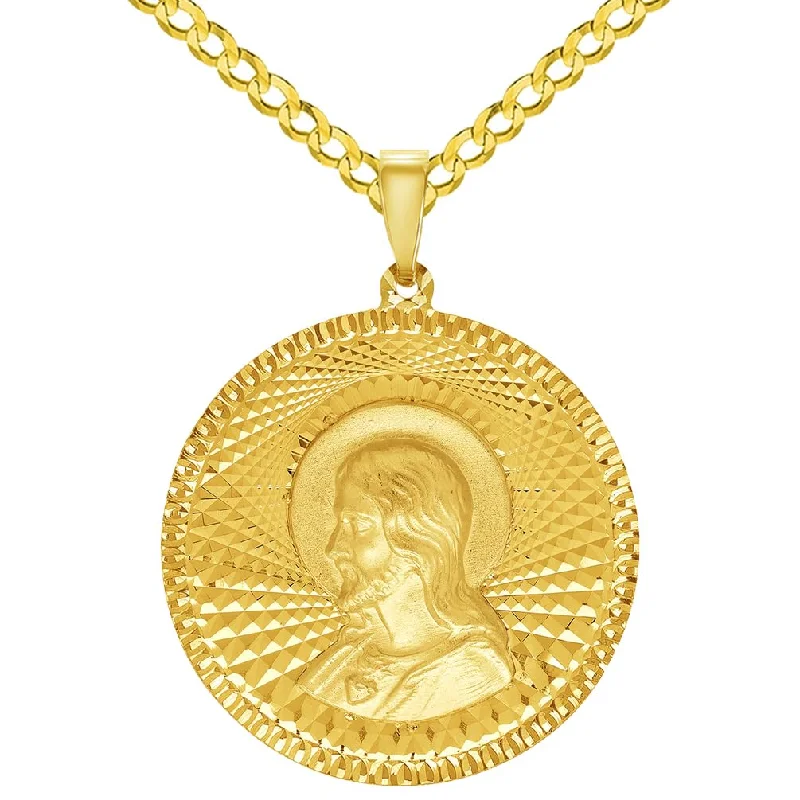 14k Yellow Gold Round Sacred Heart of Jesus Charm Textured Medallion Pendant with Cuban Link Curb Chain Necklace - 3 Sizes