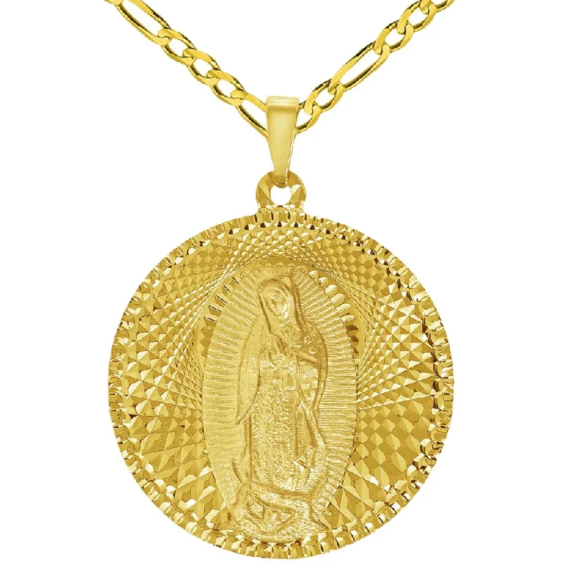 14k Yellow Gold Round Shaped Our Lady Of Guadalupe Charm Textured Medallion Pendant with Figaro Chain Necklace - 5 Sizes