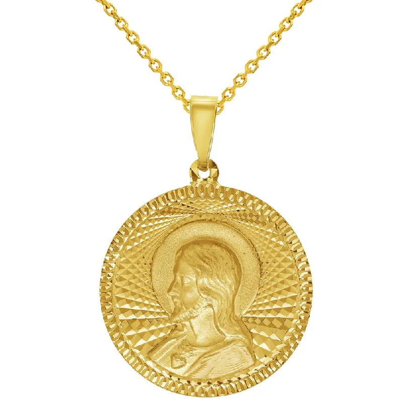 14k Yellow Gold Round Shaped Sacred Heart of Jesus Textured Medallion Pendant Necklace - 3 Sizes