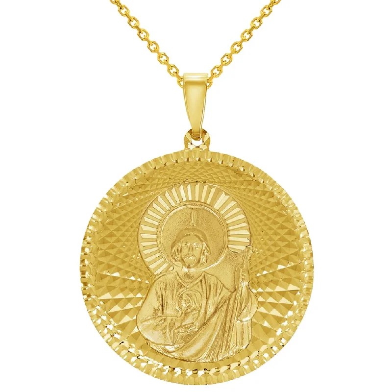 14k Yellow Gold Round Shaped Saint Jude Charm Textured Medallion Pendant Necklace - 4 Sizes