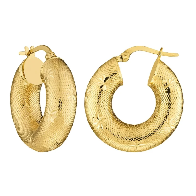 14k Yellow Gold Round Textured D/C Hoop Earrings with Latch Back, 7mm Wide