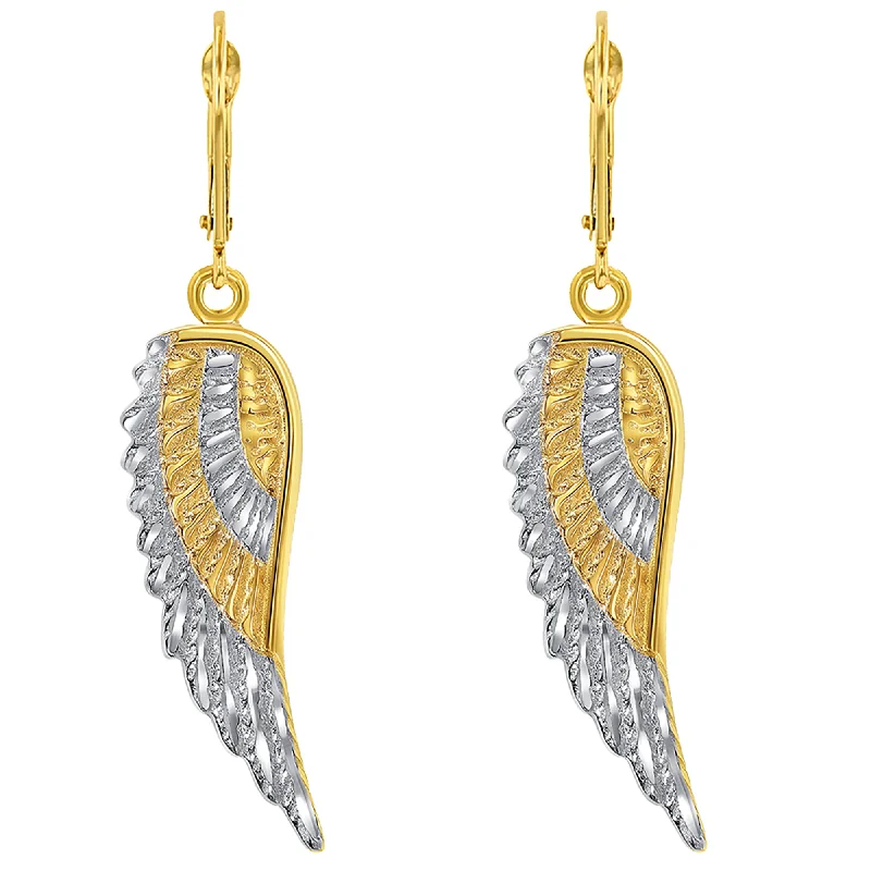 14k Yellow Gold Textured Two-Tone Angel Wing Dangling Earring with Leverback