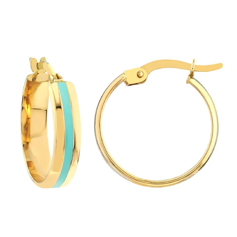 14k Yellow Gold Turquoise Blue Enamel Hoop Earrings with Latch Back