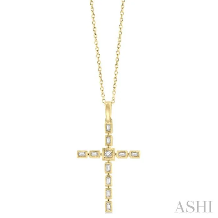 1/5 Ctw Baguette and Round Cut Diamond Cross Pendant With Chain in 10K Yellow Gold