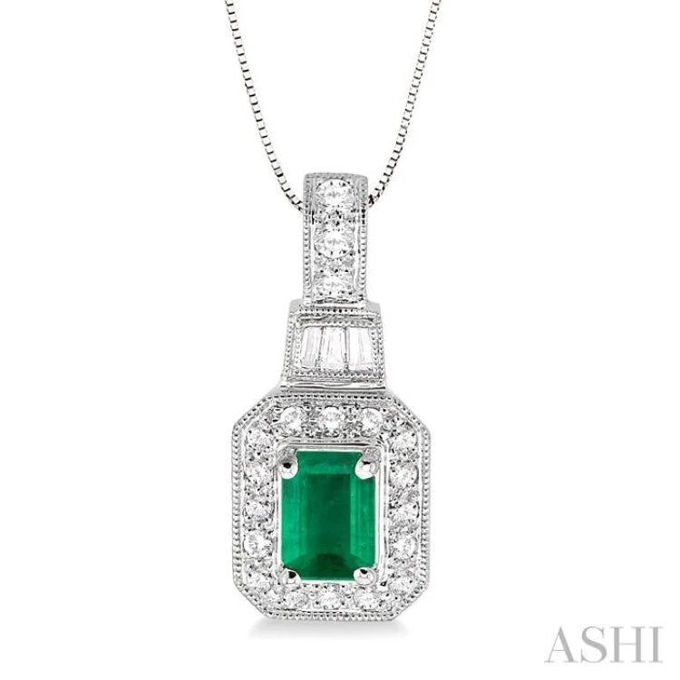 6x4 MM Emerald Shape Emerald and 1/4 Ctw Round and Baguette Cut Diamond Pendant in 14K White Gold with Chain