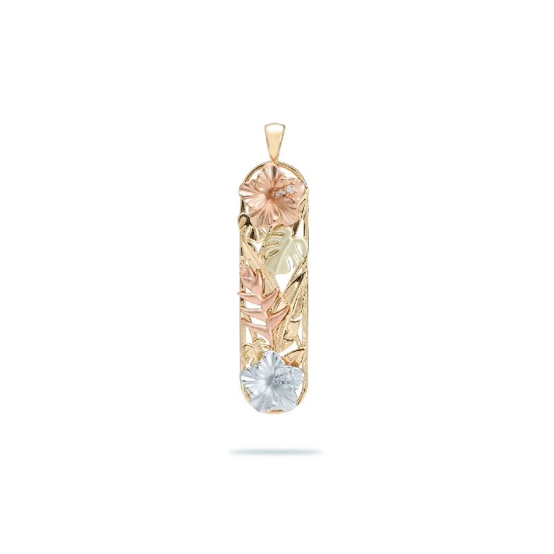 Hawaiian Gardens Hibiscus Pendant in Multi Color Gold with Diamonds - 39mm