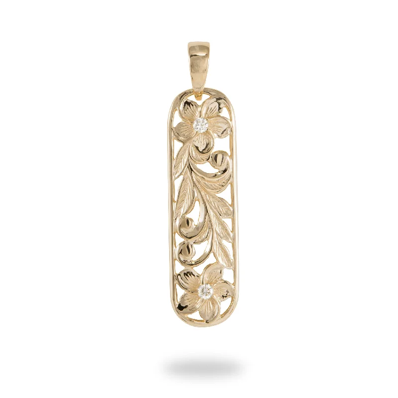 Hawaiian Heirloom Plumeria Pendant in Gold with Diamonds - 38mm