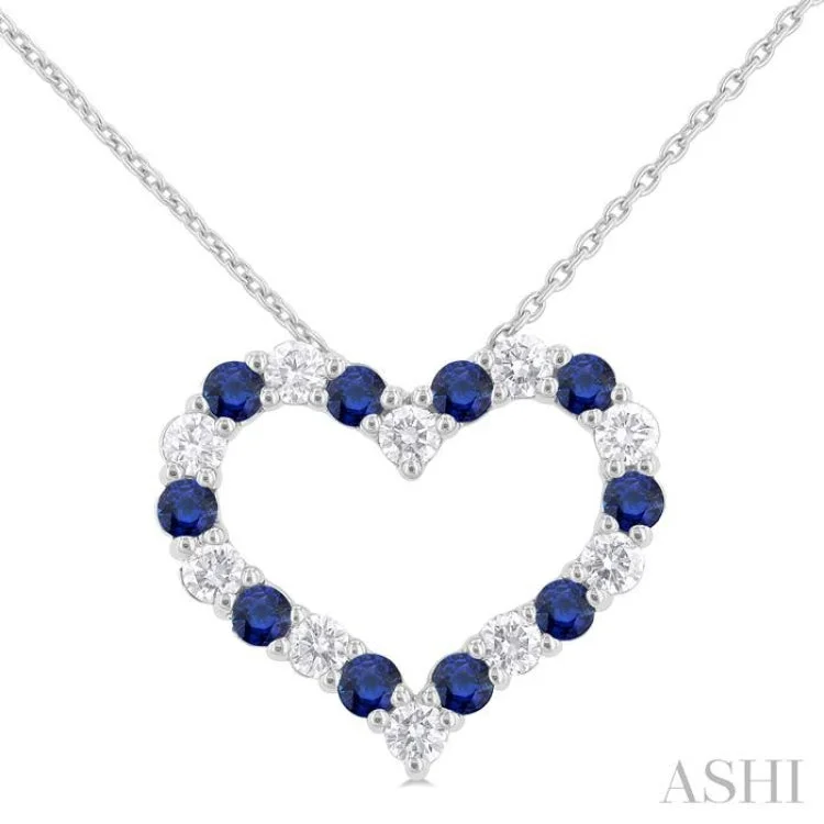 1/2 ctw Open Heart 2.3 MM Round Cut Sapphire and Round Cut Diamond Precious  Fashion Pendant With Chain in 14K White Gold