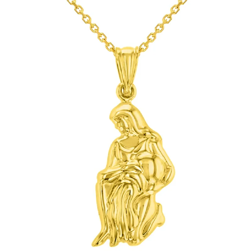 High Polish 14k Yellow Gold 3D Aquarius Water-Bearer Zodiac Sign Charm Pendant With Cable, Curb or Figaro Chain Necklace