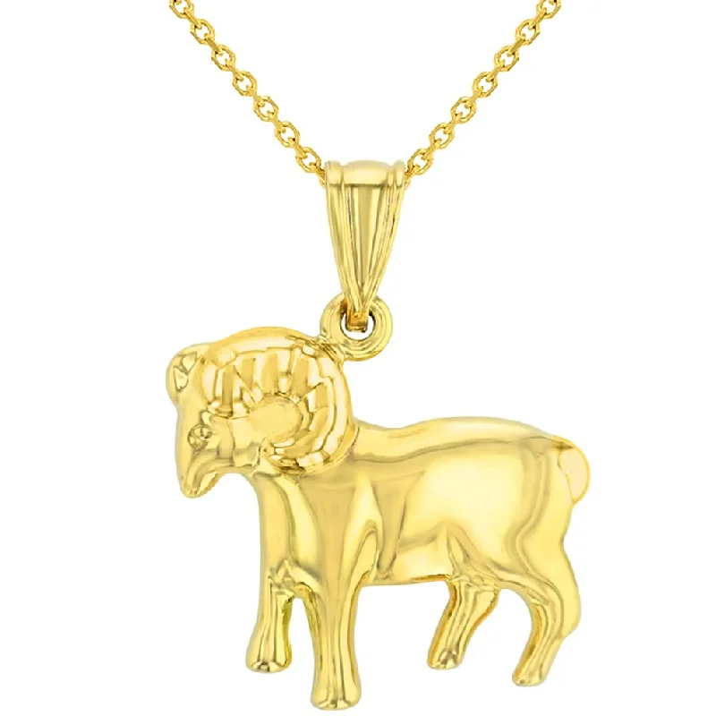 High Polish 14k Yellow Gold 3D Aries Zodiac Sign Ram Animal Pendant With Cable, Curb or Figaro Chain Necklace