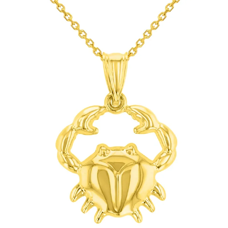 High Polish 14k Yellow Gold 3D Cancer Zodiac Sign Charm Crab Animal Pendant With Cable, Curb or Figaro Chain Necklace