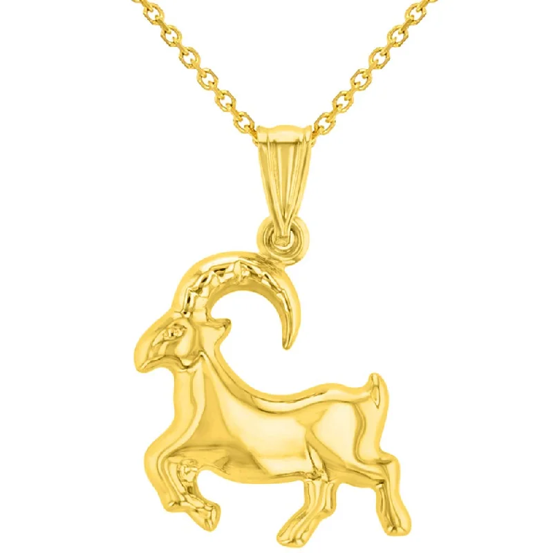 High Polish 14k Yellow Gold 3D Capricorn Zodiac Sign Charm Sea-Goat Animal Pendant With Cable, Curb or Figaro Chain Necklace