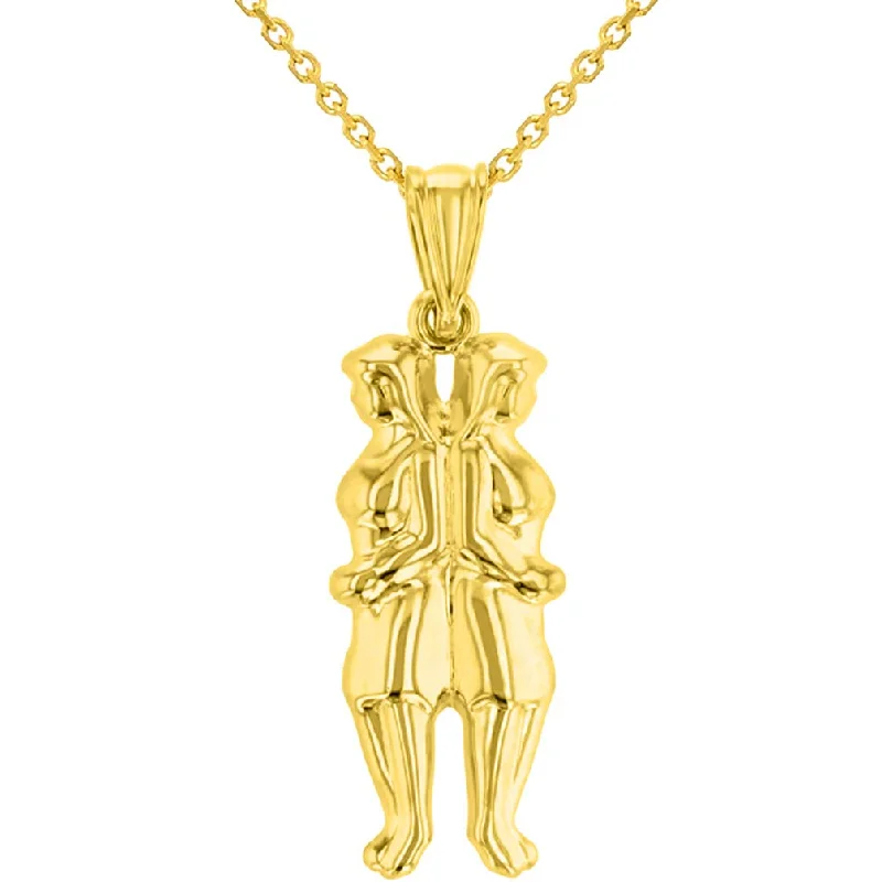 High Polish 14k Yellow Gold 3D Gemini Twins Zodiac Sign Pendant With Cable, Curb or Figaro Chain Necklace