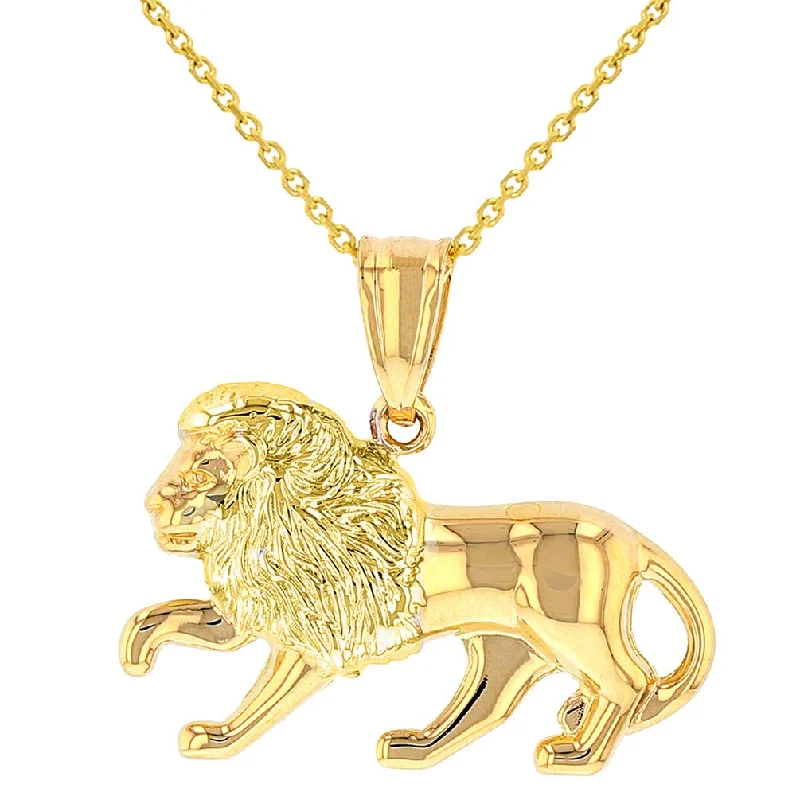 High Polish 14k Yellow Gold 3D Leo Zodiac Sign Charm Lion Animal Pendant With Cable, Curb or Figaro Chain Necklace