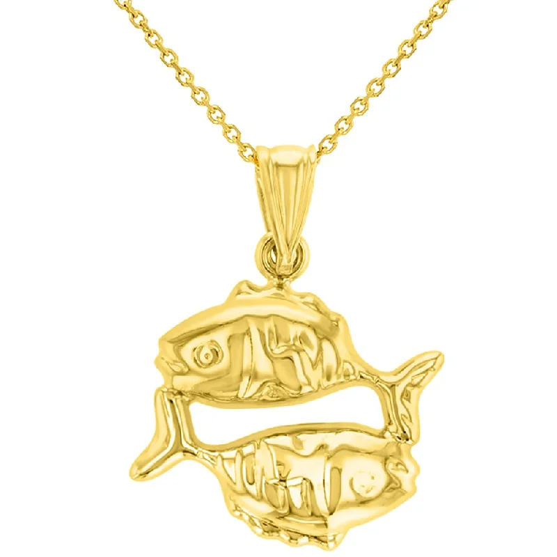 High Polish 14k Yellow Gold 3D Pisces Zodiac Sign Charm Fish Animal Pendant With Cable, Curb or Figaro Chain Necklace