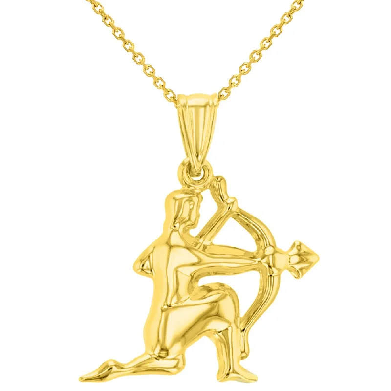 High Polish 14k Yellow Gold 3D Sagittarius Zodiac Sign Charm Archer Shooting Arrow Pendant With Cable, Curb or Figaro Chain Necklace