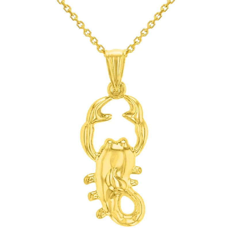 High Polish 14k Yellow Gold 3D Scorpio Zodiac Sign Scorpion Animal Pendant With Cable, Curb or Figaro Chain Necklace