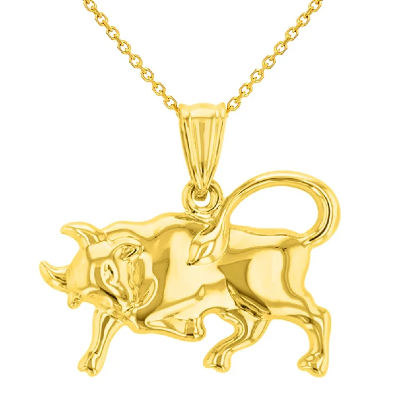 High Polish 14k Yellow Gold 3D Taurus Zodiac Sign Bull Animal Pendant With Cable, Curb or Figaro Chain Necklace