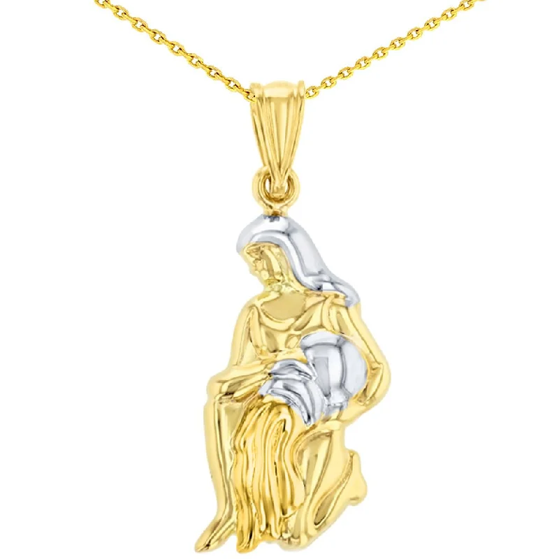 High Polish 14K Yellow Gold Aquarius Zodiac Sign Charm Pendant with Cable, Cuban Curb, or Figaro Chain Necklaces