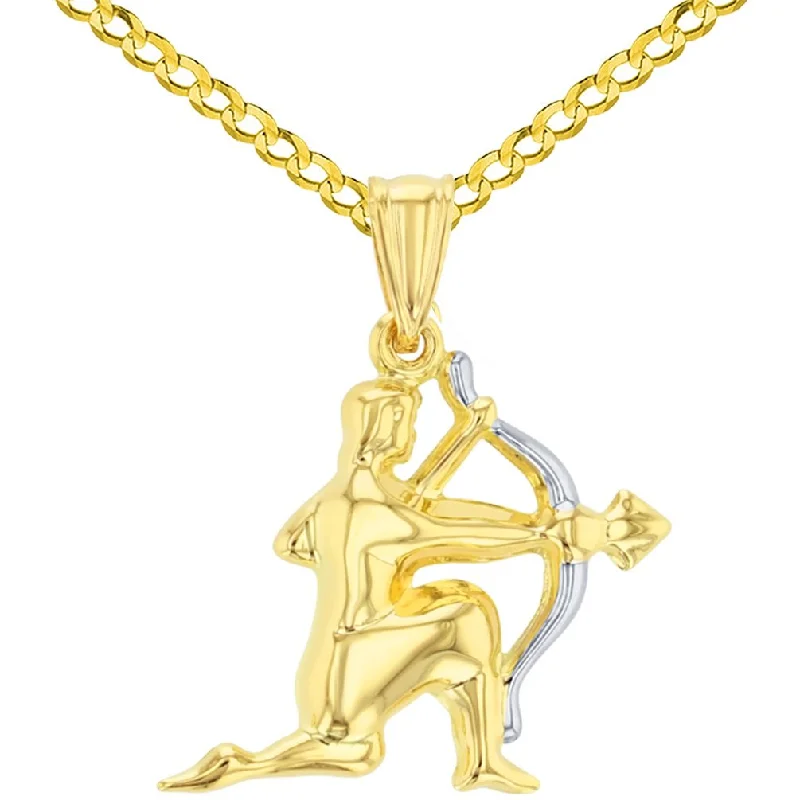 High Polish 14K Yellow Gold Sagittarius Zodiac Sign Charm Pendant with Curb or Figaro Chain Necklace