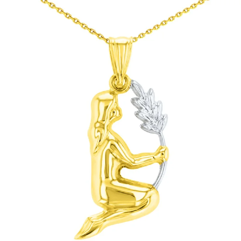 High Polish 14K Yellow Gold Virgo Maiden Holding Wheat Zodiac Sign Charm Pendant With Cable, Curb or Figaro Chain Necklace