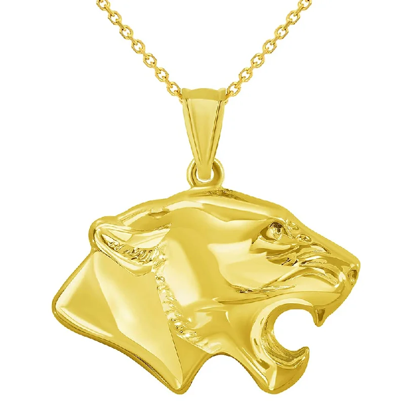 14k Yellow Gold 3D Jaguar Head Animal Pendant With Cable, Curb or Figaro Chain Necklace