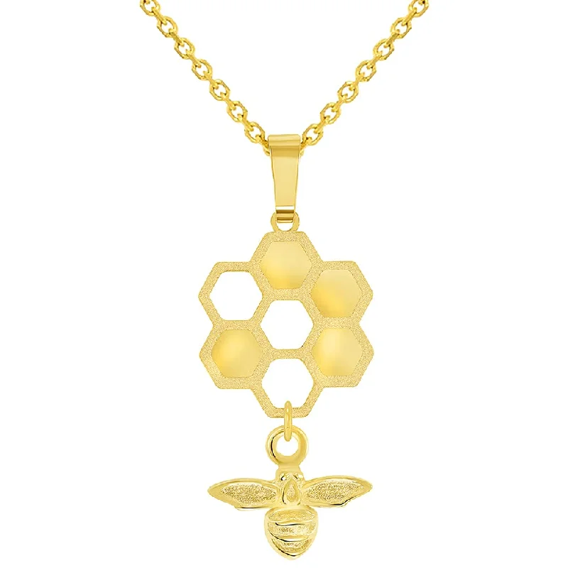 14k Yellow Gold Honey Bee Dangling From Honeycomb Pendant With Cable, Curb or Figaro Chain Necklace