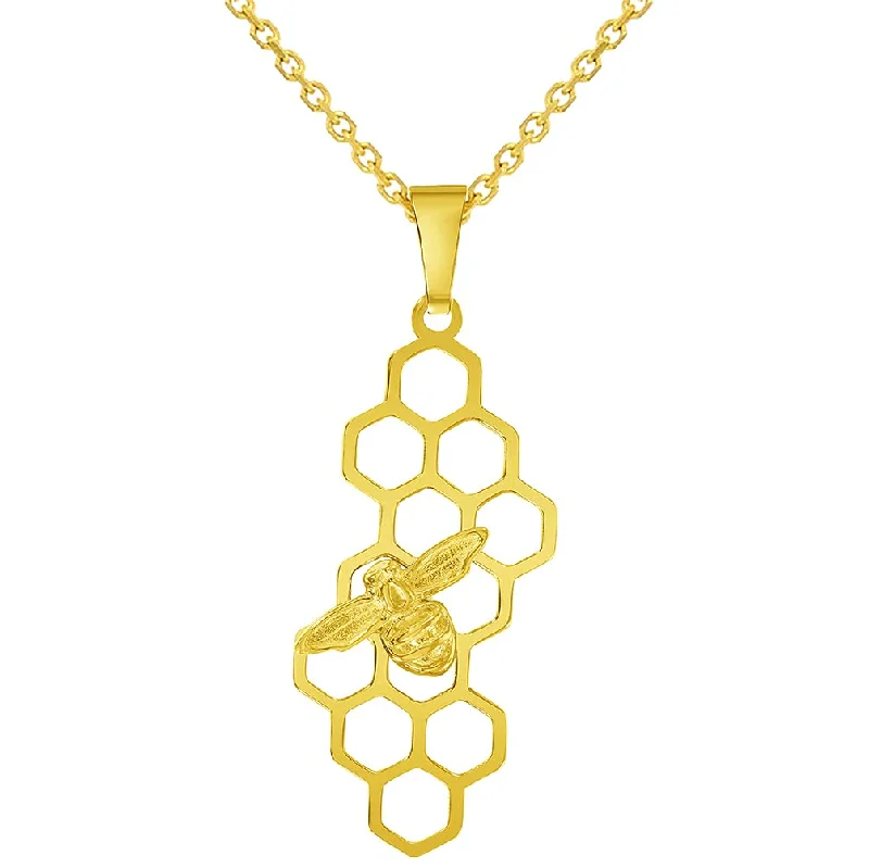 14k Yellow Gold Honey Bee On Honeycomb Pendant With Cable, Curb or Figaro Chain Necklace