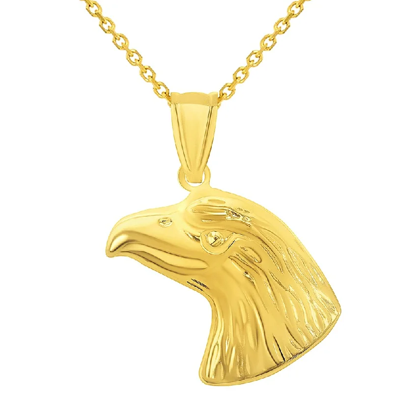 14k Yellow Gold Polished 3D Bald Eagle Head Animal Pendant With Cable, Curb or Figaro Chain Necklace