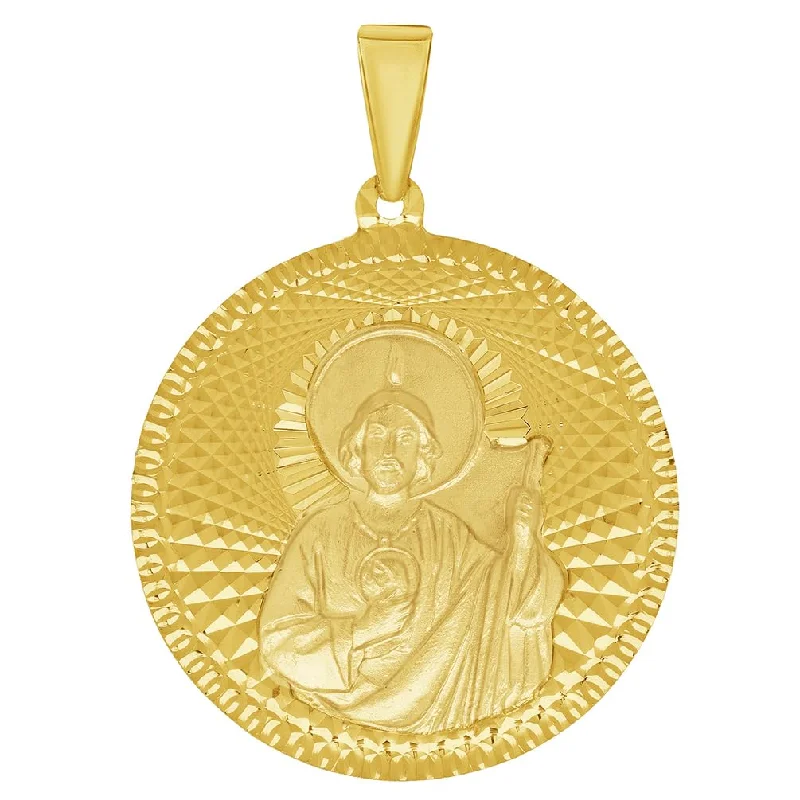 14k Yellow Gold Round Shaped Saint Jude Charm Textured Medallion Pendant - 4 Sizes