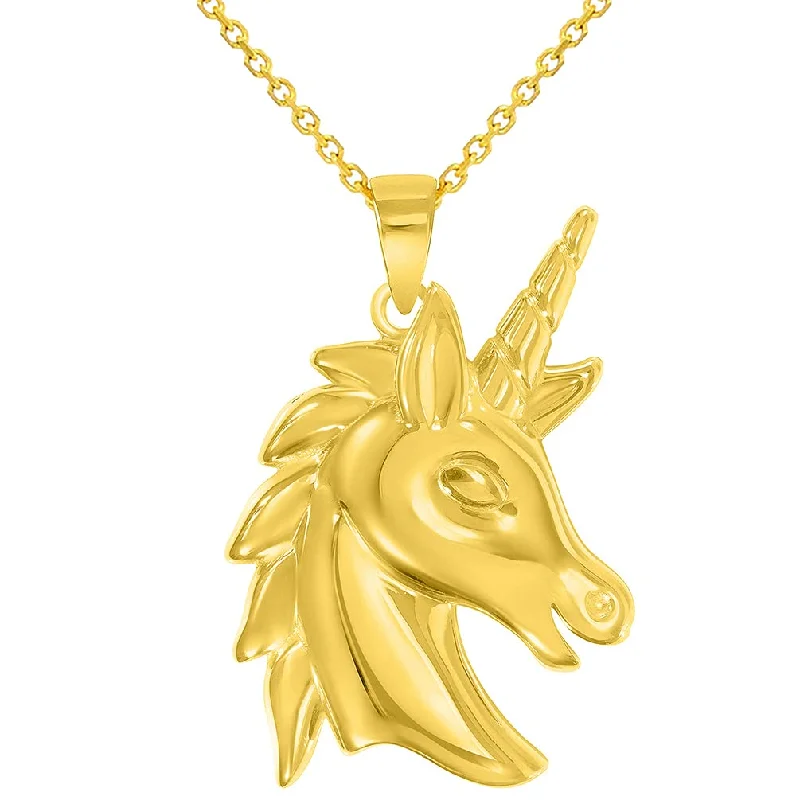 14k Yellow Gold Unicorn Horse Head Mythical Animal Pendant With Cable, Curb or Figaro Chain Necklace