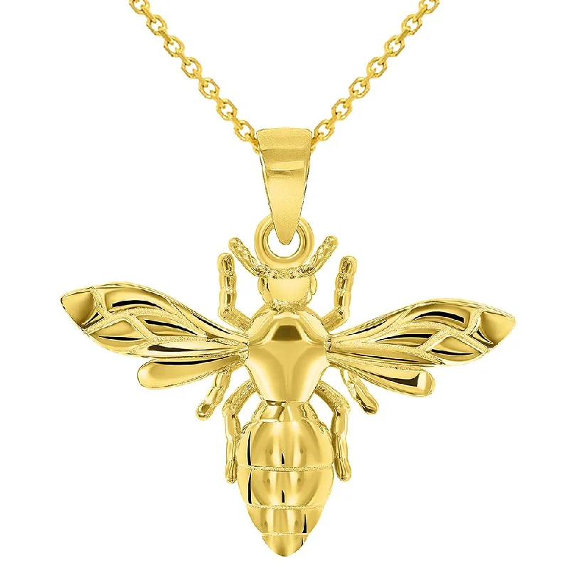 14k Yellow Gold Well Detailed 3D Honey Bee Charm Bumblebee Insect Pendant Necklace