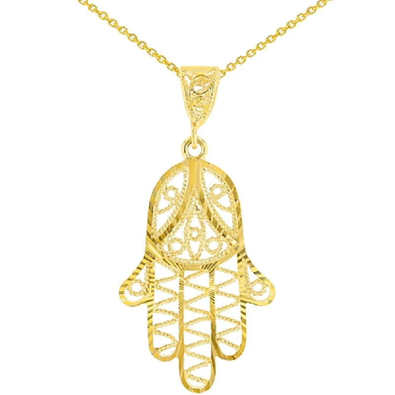 Solid 14K Yellow Gold Filigree Hamsa Charm Textured Hand of God Pendant with Cable, Cuban Curb, or Figaro Chain Necklaces