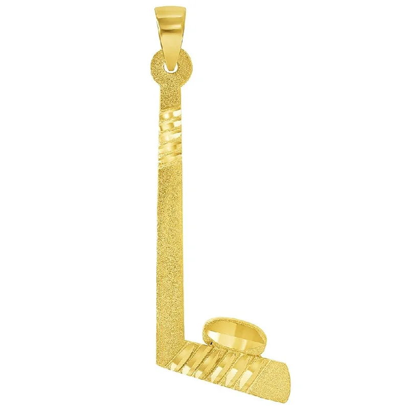 Solid 14k Yellow Gold Ice Hockey Stick and Puck Sports Pendant With Cable, Curb or Figaro Chain Necklace