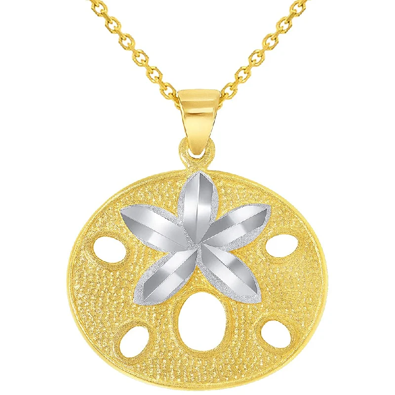 Solid 14k Yellow Gold Sand Dollar Two Tone Sea Star Shell Pendant With Cable, Curb or Figaro Chain Necklace