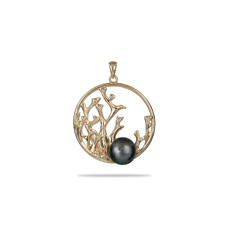 Reefs Tahitian Black Pearl Pendant in Gold with Diamonds - 30mm