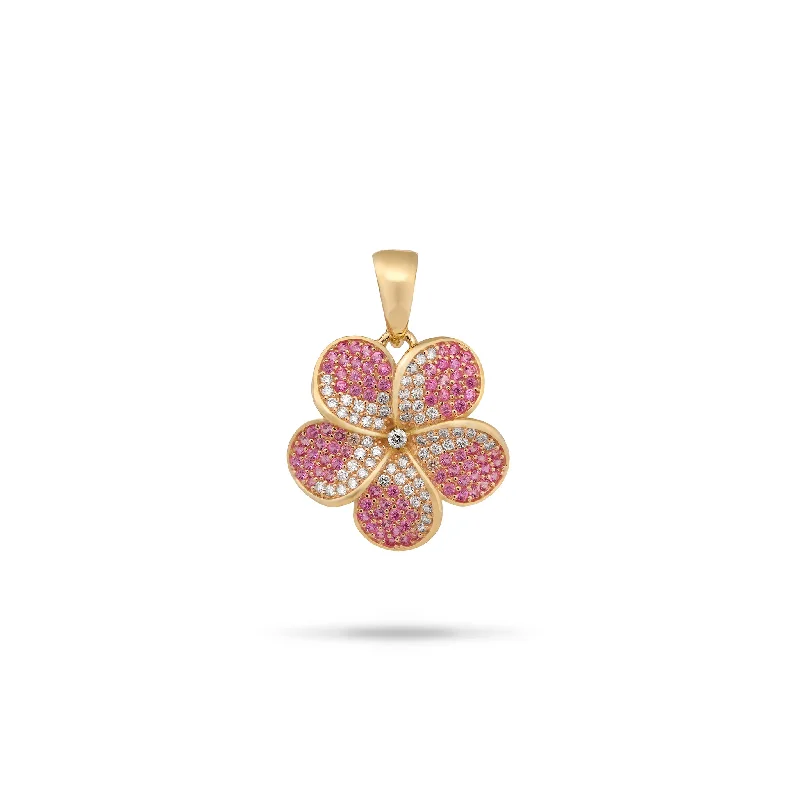 Plumeria Pink Sapphire Pendant in Gold with Diamonds - 20mm