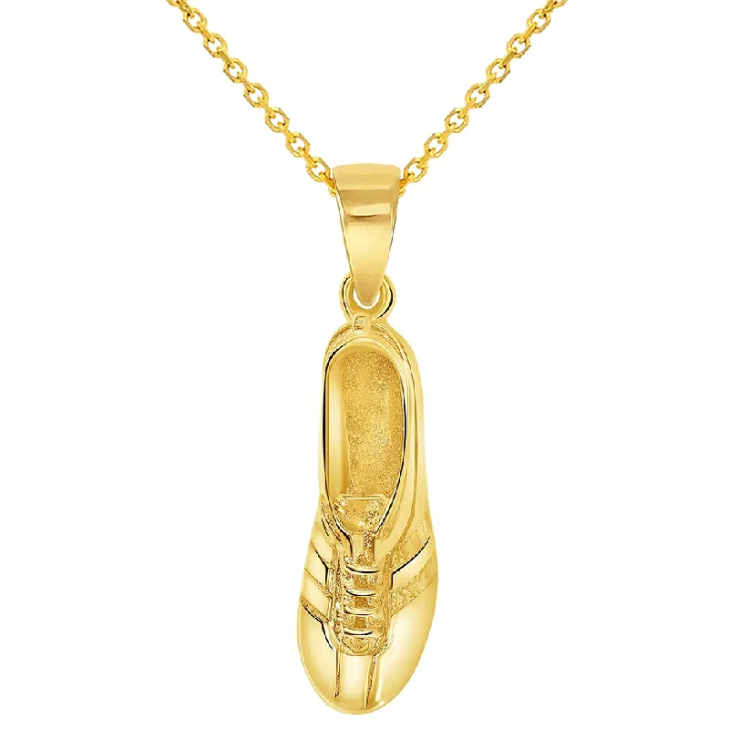 Solid 14k Yellow Gold 3D Soccer Cleet Shoe Charm Football Sports Pendant with Cable, Curb or Figaro Chain Necklace