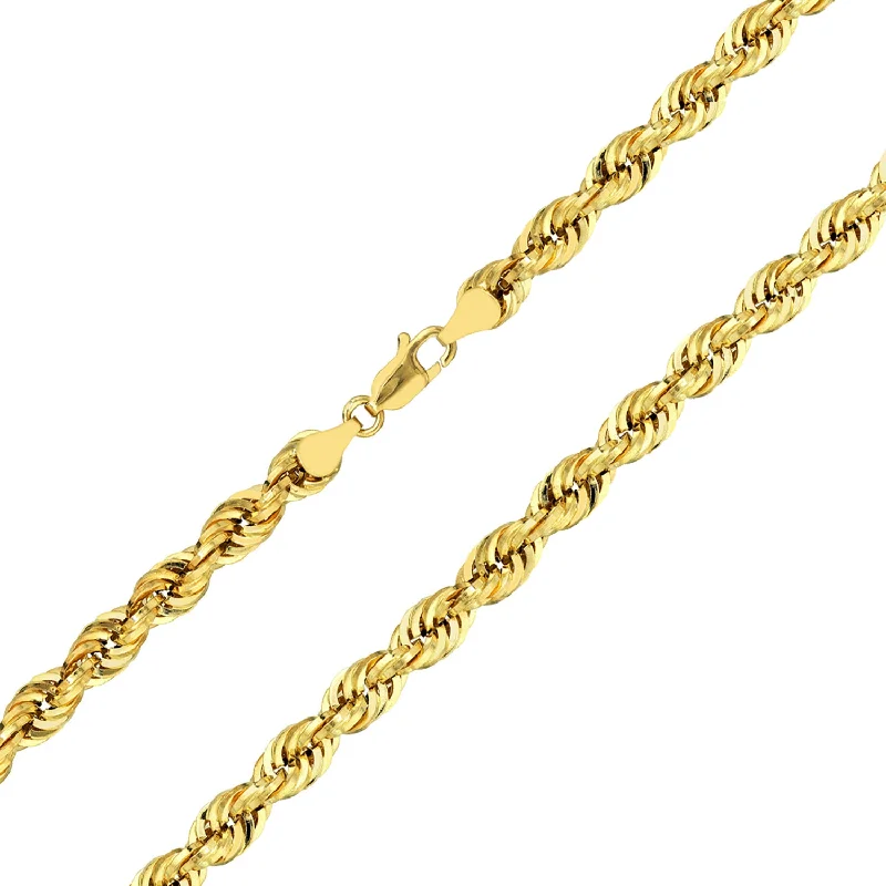 Solid 14k Yellow Gold 5mm Rope Chain Necklace with Lobster Lock - Diamond-Cut