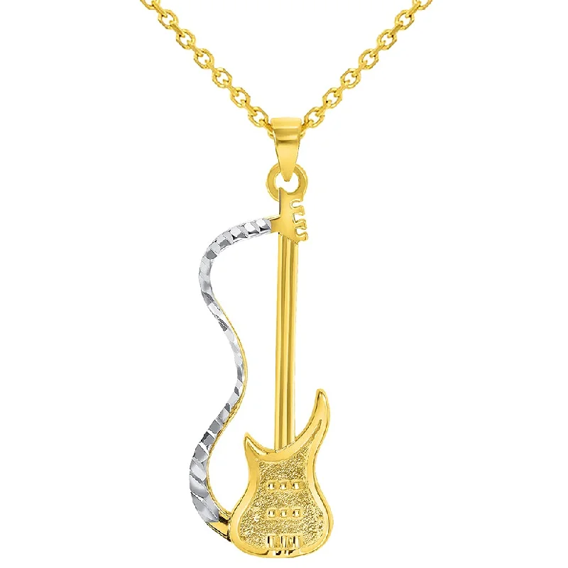 Solid 14k Yellow Gold Electric Guitar Two-Tone Musical Instrument Pendant with Cable, Curb or Figaro Chain Necklace