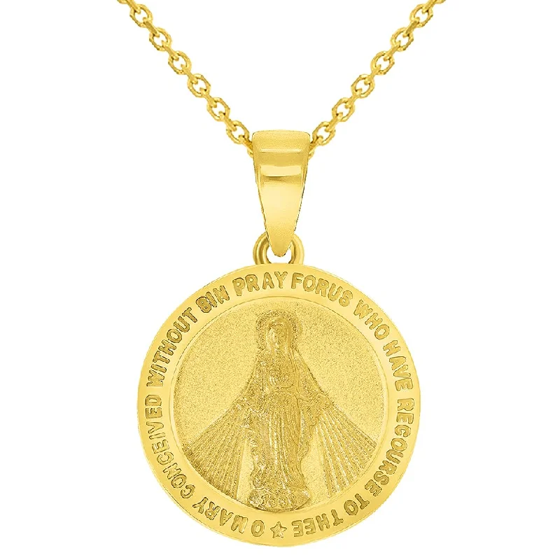 Solid 14k Yellow Gold Small Classic Miraculous Medallion of the Virgin Mary Pendant with Cable, Curb or Figaro Chain Necklace